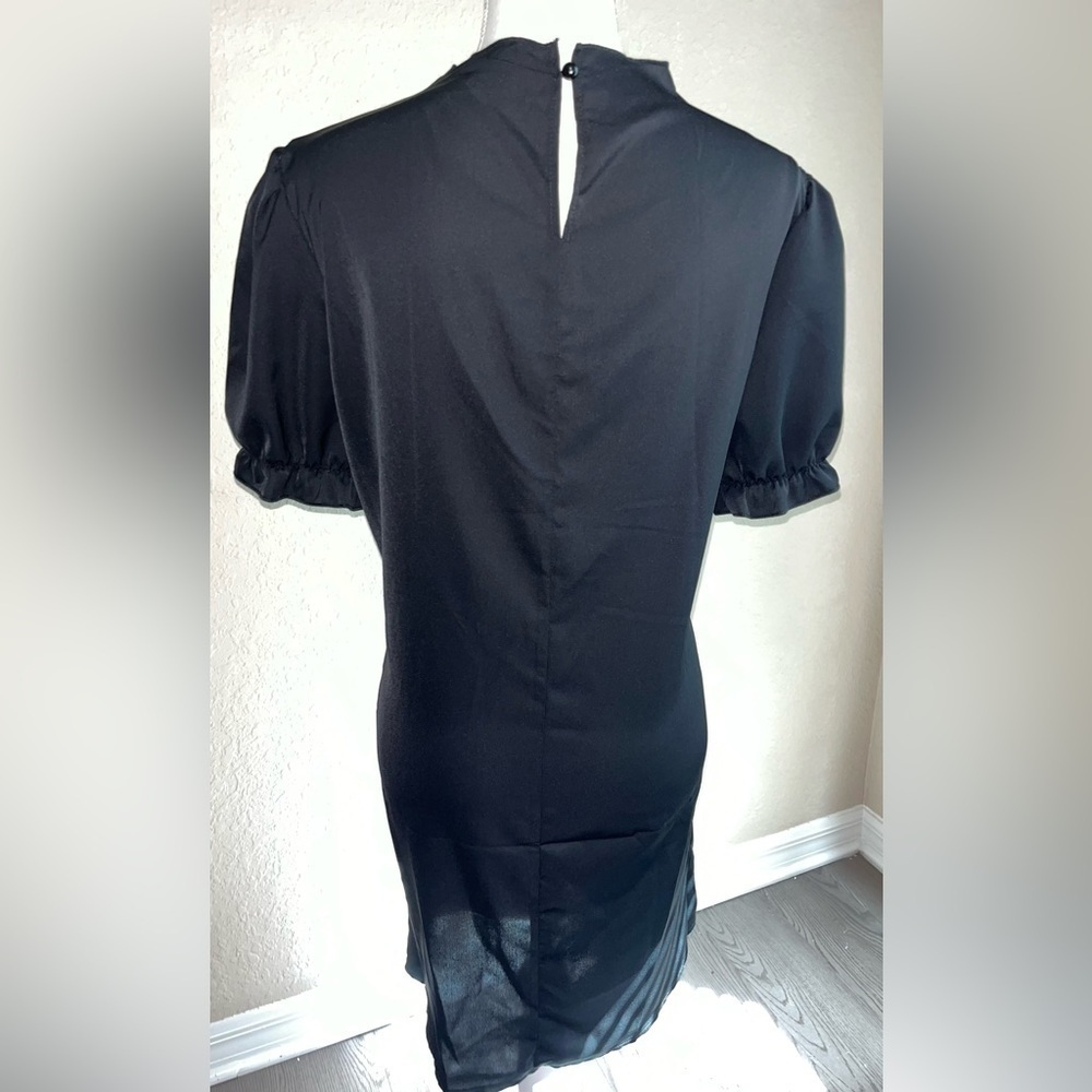 Puff Sleeved Little Black Dress With Gathered Neck - Picture 6 of 10